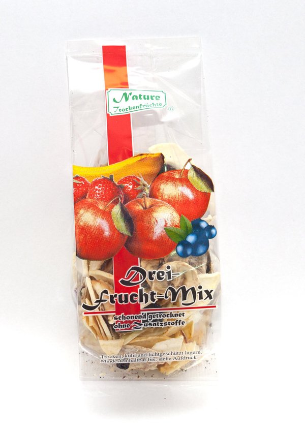Dreifruchtmix (Apfelchips, Bananen, Heidel oder Erdbeeren)Das Produkt kommt derzeit im Behelfsbeutel